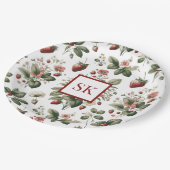 Süße Erdbeere & Florales Muster Custom Monogramm Pappteller (Schrägansicht)
