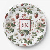 Süße Erdbeere & Florales Muster Custom Monogramm Pappteller (Vorderseite)