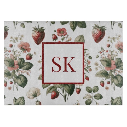 Süße Erdbeere & Florales Muster Custom Monogramm Schneidebrett (Vorderseite)