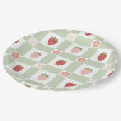 Süße Erdbeere Gingham Pastellgrün 1. Geburtstag Pappteller (Schrägansicht)