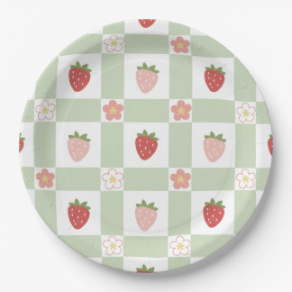 Süße Erdbeere Gingham Pastellgrün 1. Geburtstag Pappteller