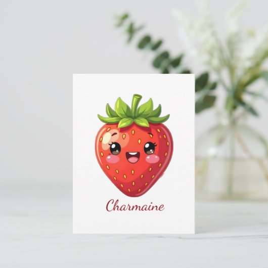 Süße Erdbeere Kawaii mit Monogramm Postkarte (Stehend Vorderseite)