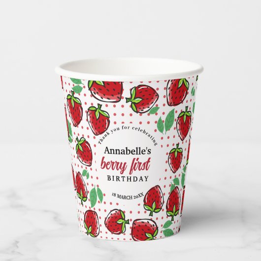 Süße Erdbeeren-Beeren-Erstgeburtstagsfeier Pappbecher (Vorderseite)