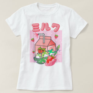 Süße Erdbeermilch-Frosch-Kunst im Kawaii-Stil T-Shirt