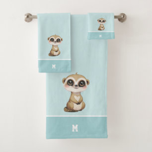 Süße Erdmännchen & Monogramm auf Hellblau Badhandtuch Set