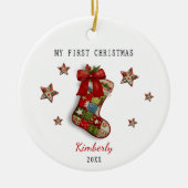 Süße erste Baby-Weihnachts-Patchwork-Strumpf Keramik Ornament (Vorne)