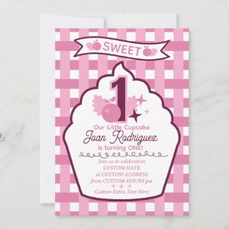 Süße erste Geburtstags-Gingham-Fotoeinladungen Einladung