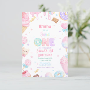 Süße erste Pastell-Süßigkeiten zum 1. Geburtstag Einladung