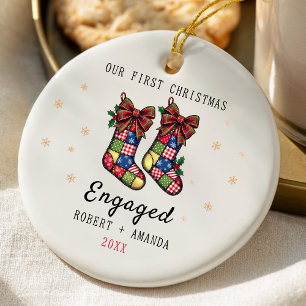 Süße erste Weihnachten verlobte Patchwork-Strümpfe Keramik Ornament