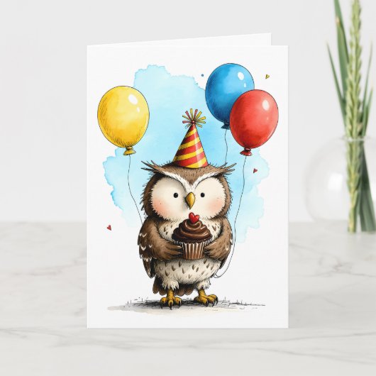 Süße Eule mit Cupcake Kinder Geburtstag Karte (Vorderseite)