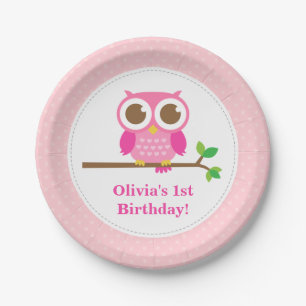 Süße Eule mit rosa Tupfen zum Geburtstag Pappteller