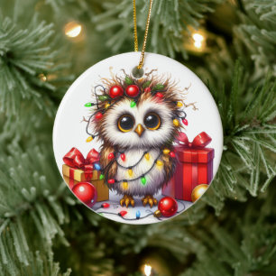 SÜSSE EULE MIT WEIHNACHTSLICHTERN UND GESCHENKEN KERAMIK ORNAMENT