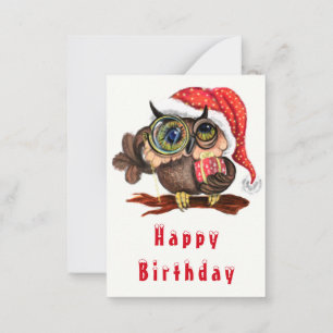 Süße Eule mit Weihnachtsmütze und Geschenk Geburts Mitteilungskarte