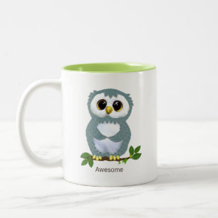 Süße Eulen-Cartoon, Lorbeerblätter und Kalligrafie Zweifarbige Tasse