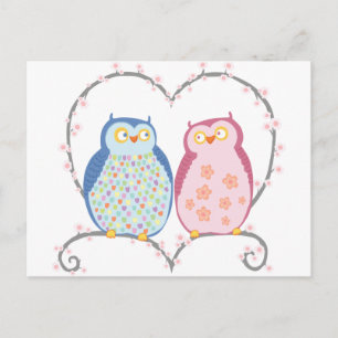 Süße Eulen in Liebesherzen Rosa Blau Clipart Postkarte