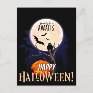 Süße Eulenmond-Halloween-Postkarte mit gruseliger Postkarte