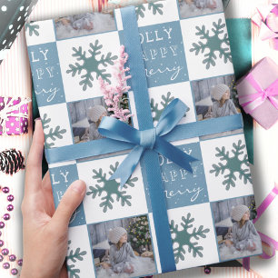 Süße Familienfoto Blaue Schneeflocke Weihnachten Geschenkpapier