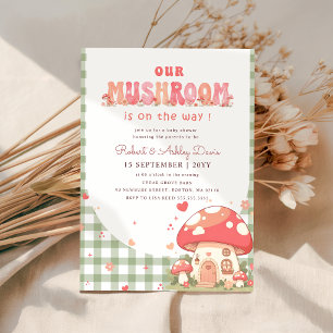 Süße fantastische Gingham-Rosa-Pilz-Baby-Party Einladung
