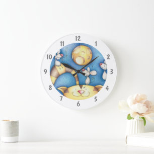 Süße fantastische Katzen- und Mausmondkunst Große Wanduhr