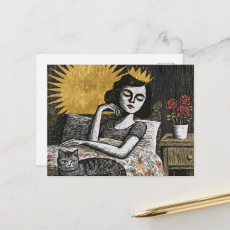 Süße Fantasy-Königin und ihre Katze im Bett Postkarte