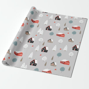 Süße farbenfrohe Winterhäuser und Bäume Muster Geschenkpapier