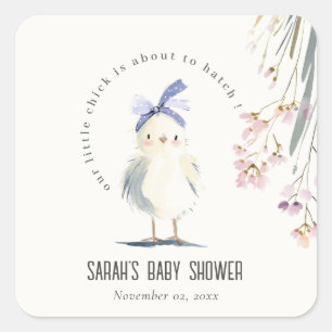 Süße Farmküken Aquarell Blumen Baby Shower Quadratischer Aufkleber