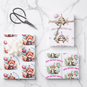 Süße Faultier-Otter-Rot-Panda-Geburtstagsfeier Geschenkpapier Set