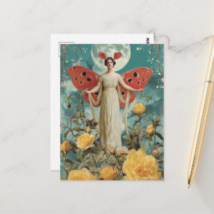 Süße Fee mit gelben Rosen und dem Mond Postkarte