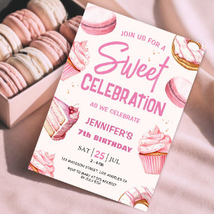 Süße Feier Rosa Donuts Mädchen 7. Geburtstag Einladung