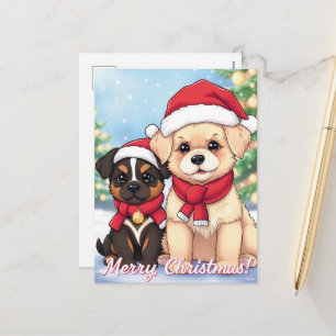 Süße Feiertags-Welpen in Weihnachtsmannmützen Feiertagspostkarte