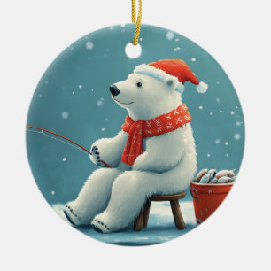 Süße festliche Illustration eines Angler-Eisbären Keramik Ornament