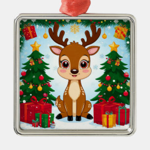 Süße festliche Rentiere umgeben von Weihnachtsbaum Ornament Aus Metall
