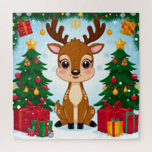 Süße festliche Rentiere umgeben von Weihnachtsbaum Puzzle