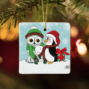 Süße festliche Winter-Eule-Pinguin-Weihnachtsfreun Keramikornament