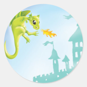 süße feurige Drache und Burg Szene Runder Aufkleber