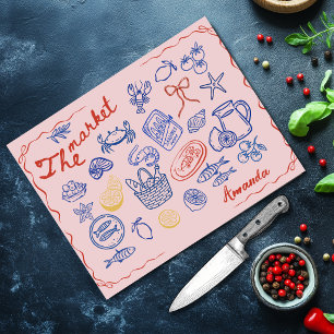 Süße Fischmarktdoodle in Rot und Blau personalisie Schneidebrett