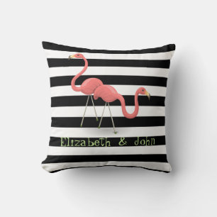 Süße Flamingos, Schwarz, Weiße Streifen Personalis Kissen