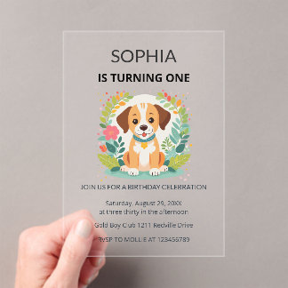Süße florale Hund-Kinder-Erstgeburtstag Acryleinladungen