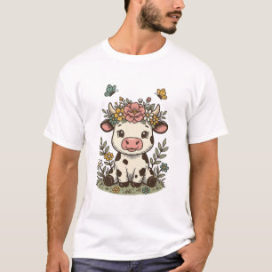 Süße florale Kalb-Vintage-Stich-Vektor-Design_1 T-Shirt