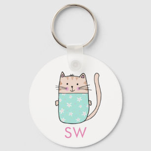 Süße florale Katze Initialen Monogramm Schlüsselanhänger