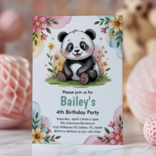 Süße florale Kinder Panda 4. Geburtstagsfeier Einladung