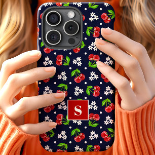 Süße florale Punkte-Kirschen Navy-Monogramm Case-Mate iPhone Hülle