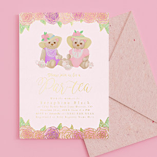 Süße Florale Teddybär-High-Tea-Baby-Party Folieneinladung