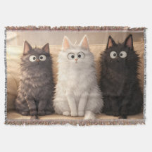 Süße Fluffige Cartoon-Katzen Grau Weiß & Schwarz