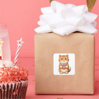 Süße Fluffige Katze hält rosa Donut Cartoon Quadratischer Aufkleber