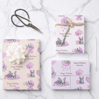 Süße französische Bulldogge Baby Mädchen Geburtsta Geschenkpapier Set