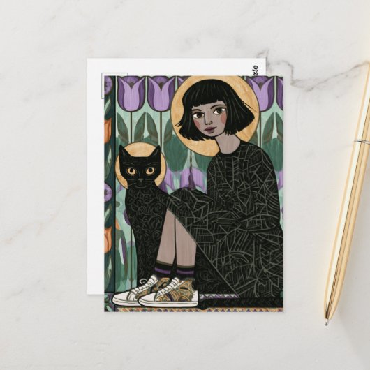 Süße Frau sitzt mit ihrer Katze Postkarte (Vorderseite/Rückseite Beispiel)