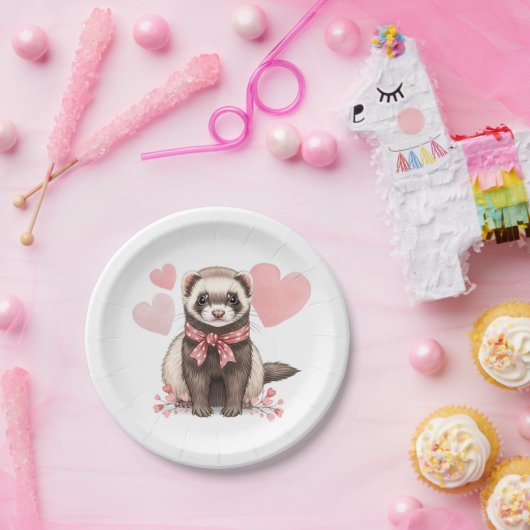 Süße Frettchen Kawaii rosa Herzen Illustration Pappteller (Party)