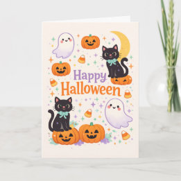 Süße freundliche Katzen Geister Kürbisse Halloween Karte
