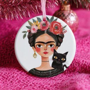 Süße Frida Kahlo & schwarze Katze Haustier Name & Keramik Ornament